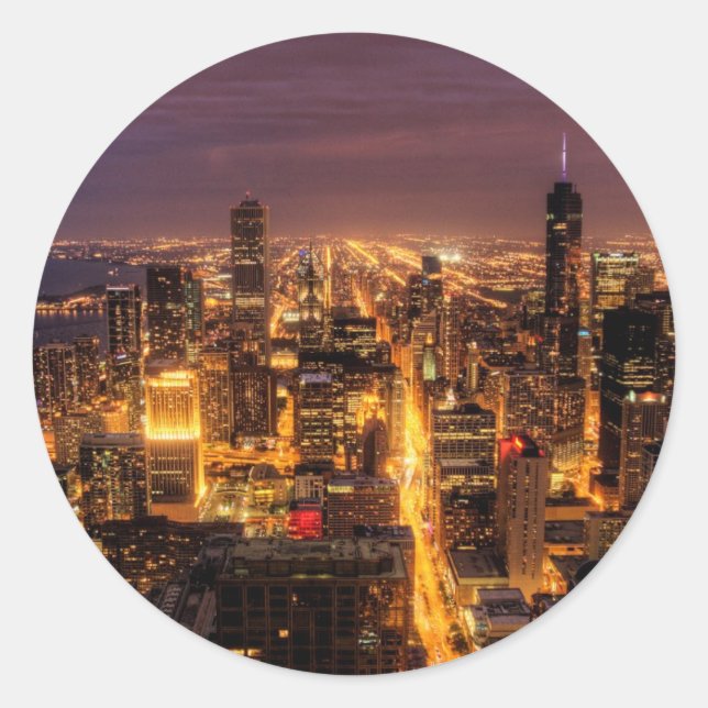 Night cityscape of Chicago Classic Round Sticker (Front)