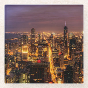 Night cityscape of Chicago Glass Coaster