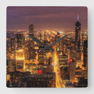 Night cityscape of Chicago Square Wall Clock