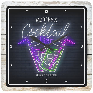 Night Club Faux Neon Personalised Cocktail Bar Square Wall Clock