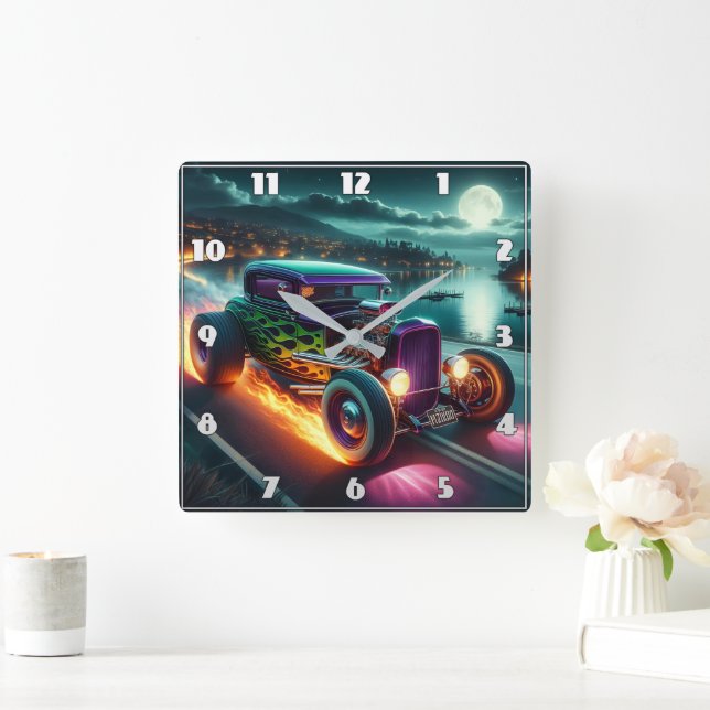 Night cruising in a classic hot rod square wall clock (Home)