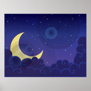 Night day dusk moon midnight blue poster