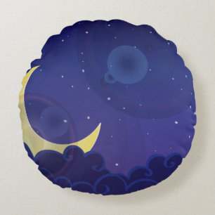 Night day dusk moon midnight blue round cushion