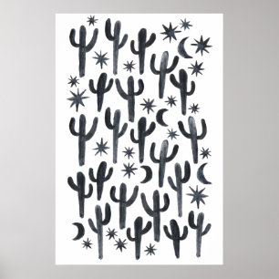 Night Desert Fun Cactus Indigo Pattern Watercolor Poster