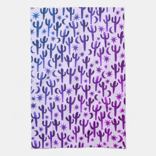 Night Desert Saguaro Cacti Pattern Watercolor Tea Towel
