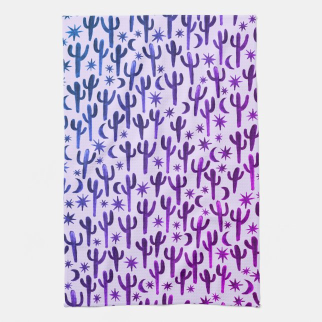 Night Desert Saguaro Cacti Pattern Watercolor Tea Towel (Vertical)