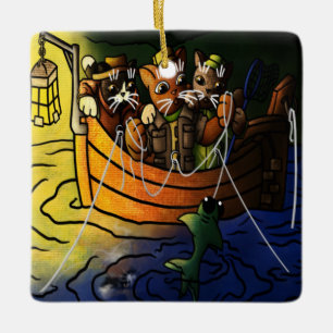 Night Fishing Cats Ceramic Ornament