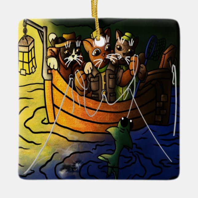 Night Fishing Cats Ceramic Ornament (Front)