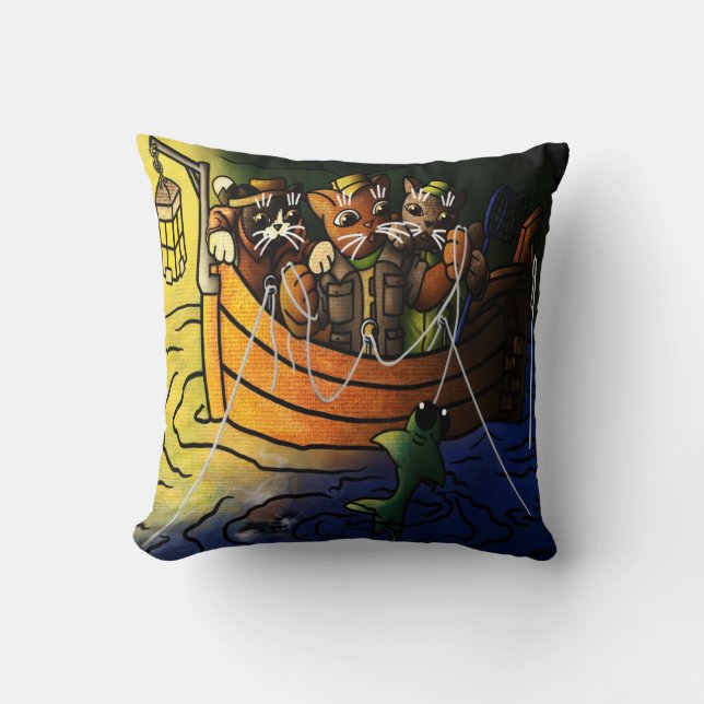 Night Fishing Cats Cushion (Front)