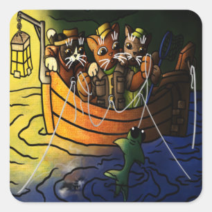 Night Fishing Cats Square Sticker