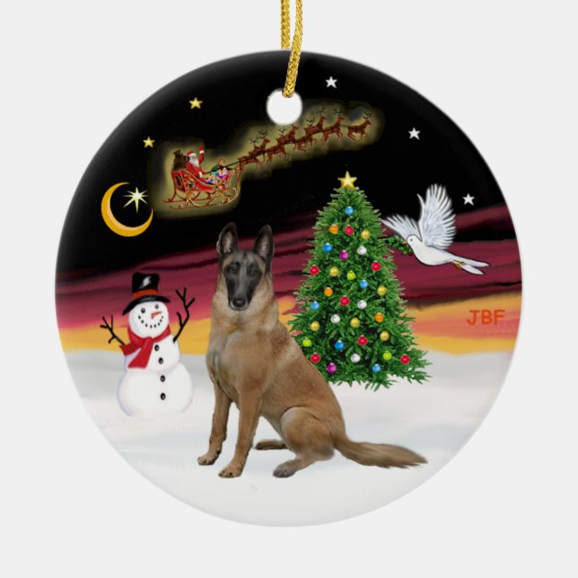 Night Flight - Belgian Malinois Ceramic Tree Decoration (Front)