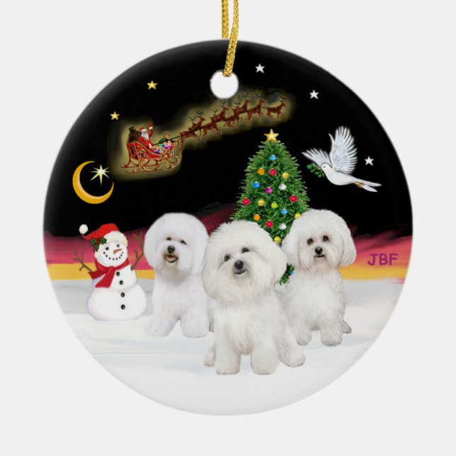 Night Flight - Three Bichon Frise Ceramic Tree Decoration (Front)