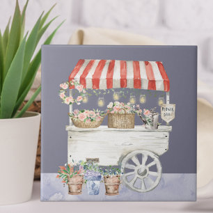 Night Flower Market Watercolor Cottagecore Art Ceramic Tile