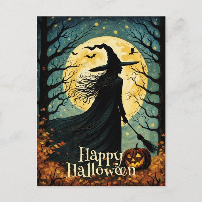 Night Forest Halloween Witch Full Moon Postcard (Front)