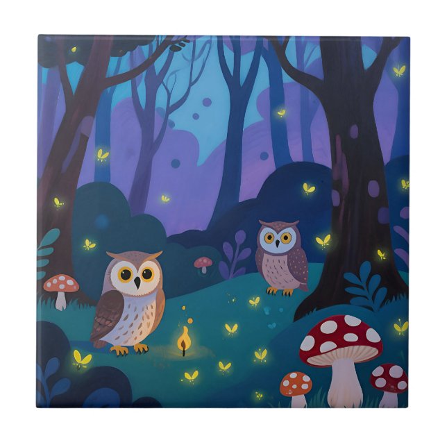 Night Forest Owls Illustration Ceramic Tile (Front)