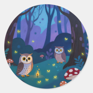 Night Forest Owls Illustration Classic Round Sticker