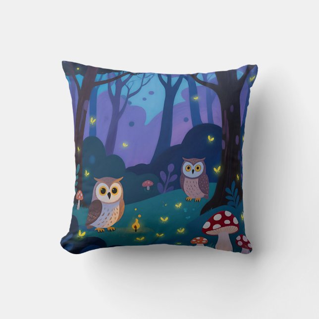 Night Forest Owls Illustration Cushion (Front)