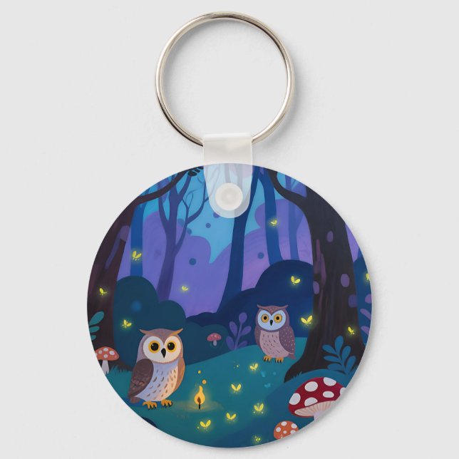 Night Forest Owls Illustration Key Ring (Front)