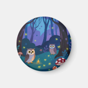 Night Forest Owls Illustration Magnet