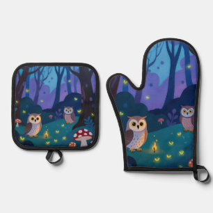 Night Forest Owls Illustration Oven Mitt & Pot Holder Set