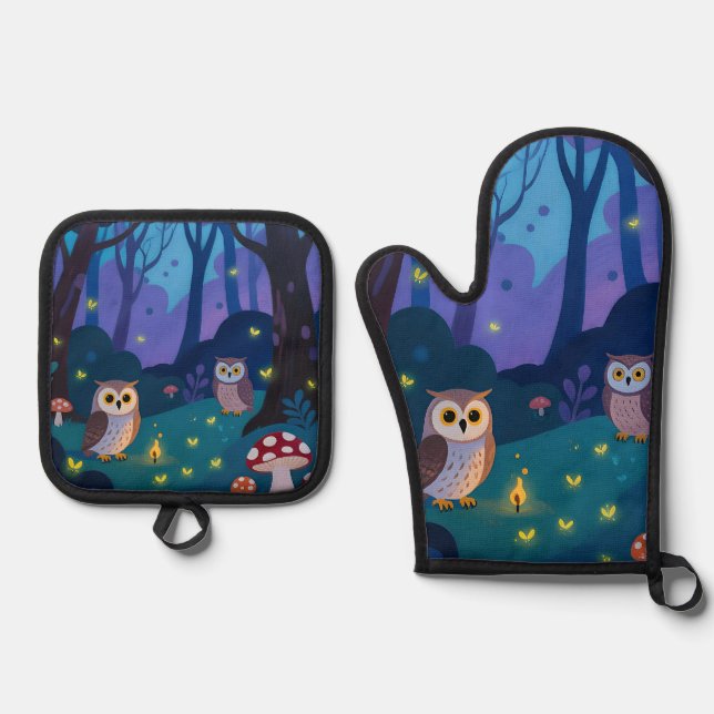 Night Forest Owls Illustration Oven Mitt & Pot Holder Set (Front)