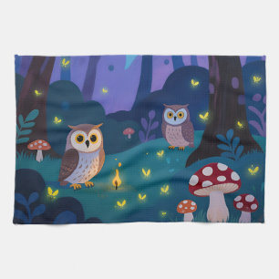 Night Forest Owls Illustration Tea Towel