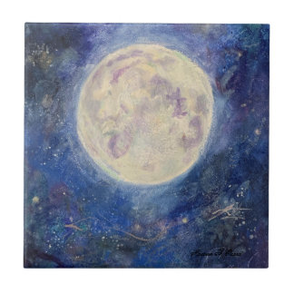 Night Full Moon Celestial Sky Maureen Girard Unive Ceramic Tile