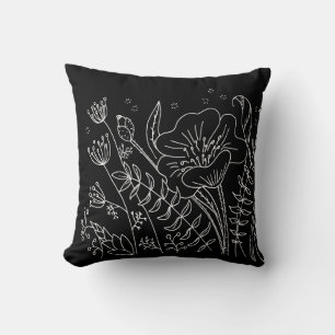 Night Garden Black and White Line Drawing Cushion
