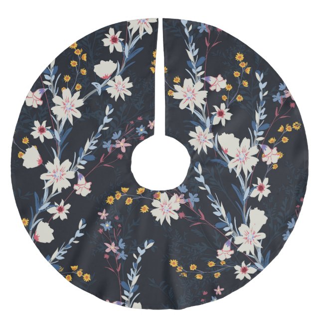 Night Garden Floral Navy Pattern Brushed Polyester Tree Skirt (Front)
