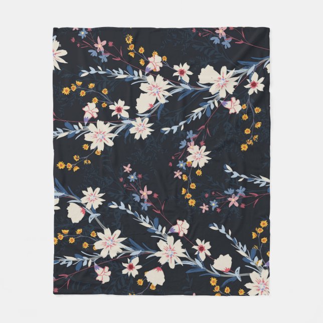 Night Garden Floral Navy Pattern Fleece Blanket (Front)
