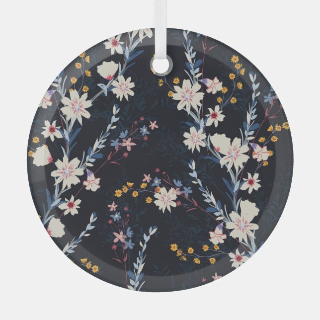 Night Garden Floral Navy Pattern Glass Tree Decoration (Front)