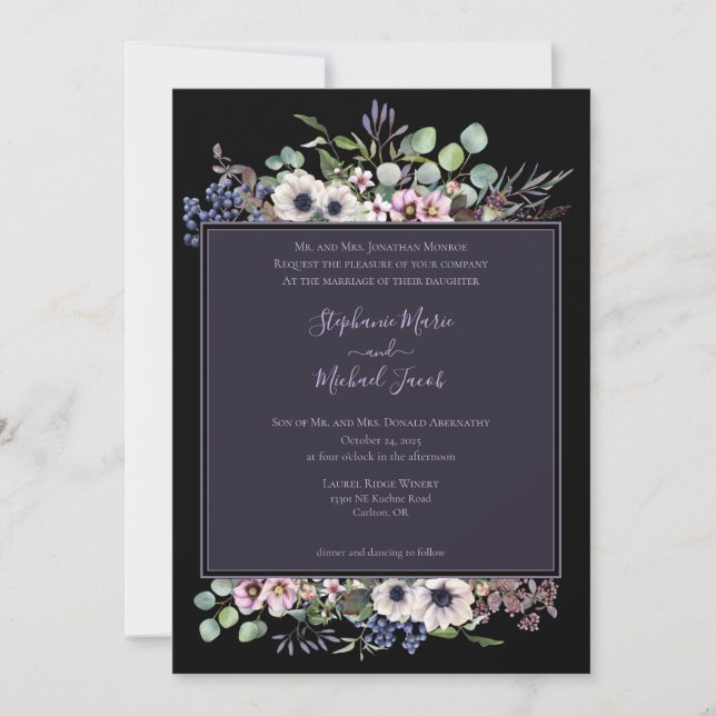 Night Garden Lavender and Black Wedding Invitation (Front)