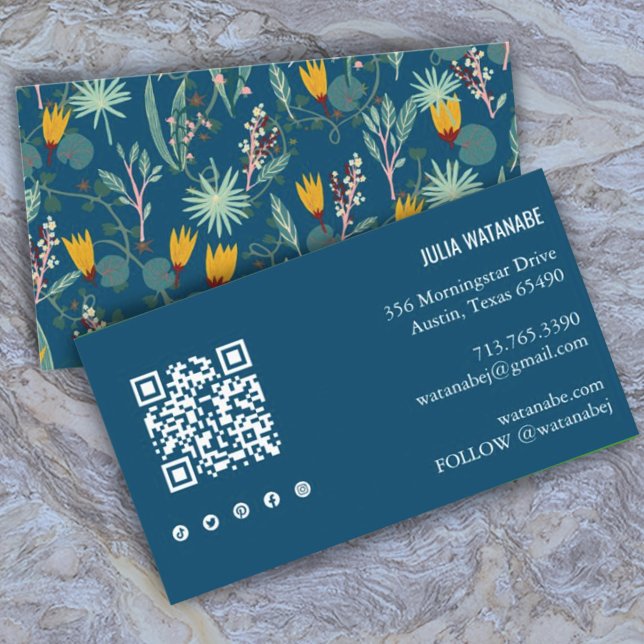 Night Gardens Floral QR Code Social Media Chic Business Card (Creator Uploaded)