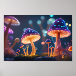 Night Glow Purple Mushrooms Poster