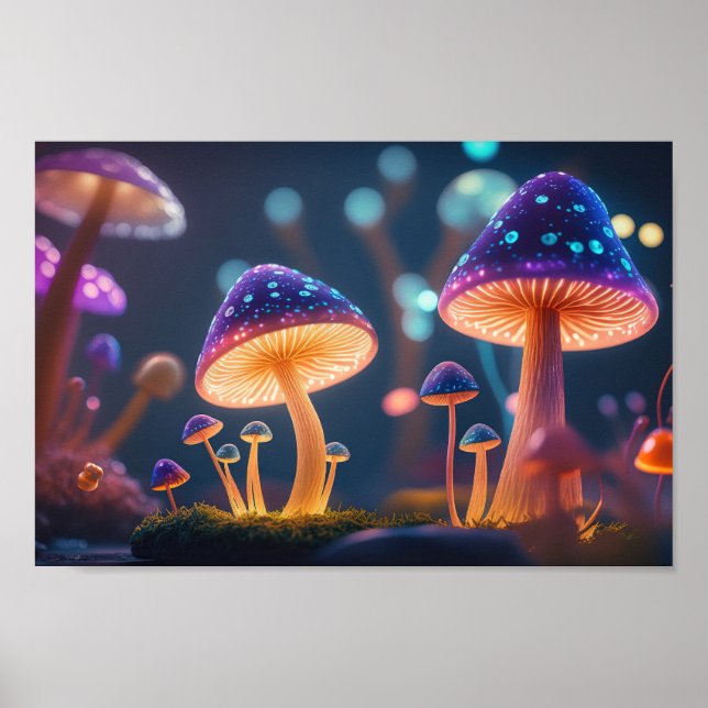 Night Glow Purple Mushrooms Poster (Front)