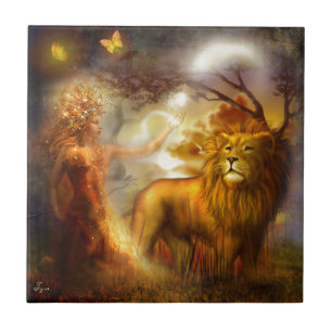 Night Goddess and Lion Ceramic Tile