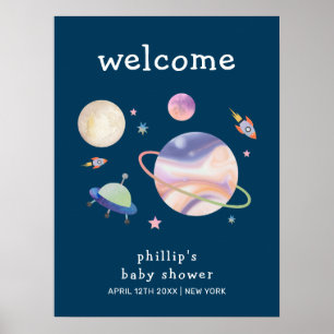 Night Green Galaxy Space Boy Baby Shower Welcome Poster