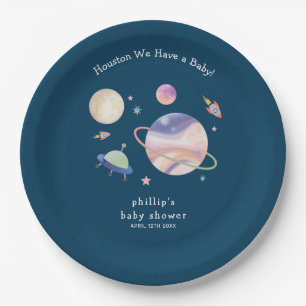 Night Green Galaxy Space Moon Star Boy Baby Shower Paper Plate