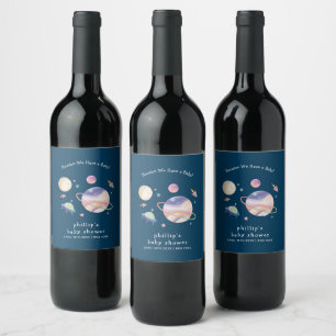 Night Green Galaxy Space Moon Star Boy Baby Shower Wine Label