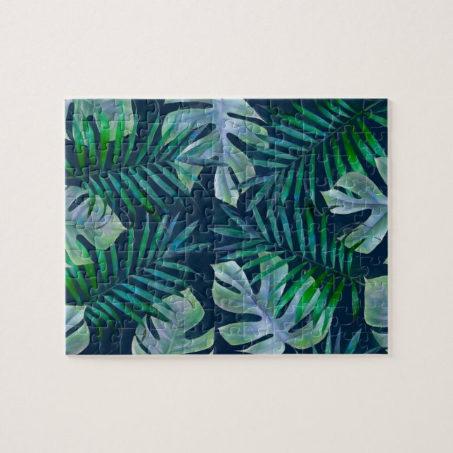 Night Green Tropical Leaves Jigsaw Puzzle (Horizontal)