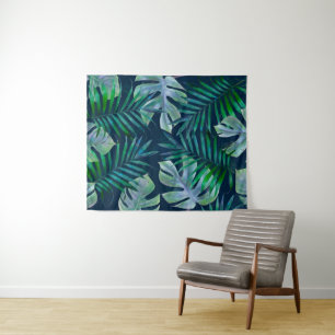 Night Green Tropical Leaves Tapestry