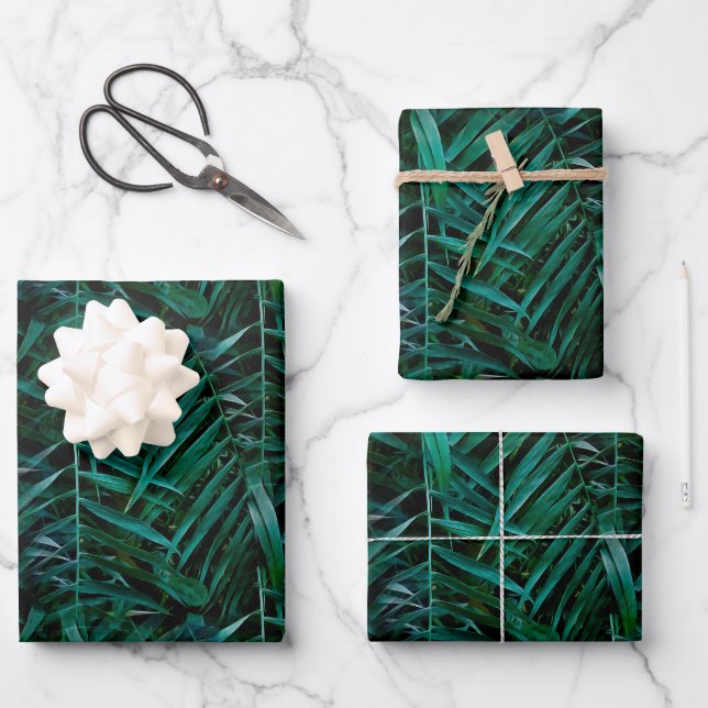 Night Green Tropical Palm Leaves Wrapping Paper Sheet (Front)