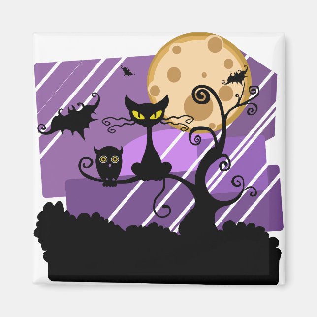 Night Halloween Moon Cat Tree Outside Owl Bat Magnet (Front)