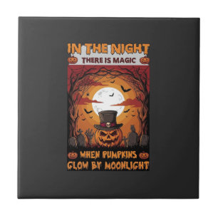 Night Halloween Pumpkin Top Hat Bats Graveyard_1 Ceramic Tile