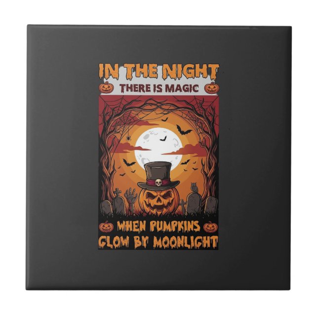 Night Halloween Pumpkin Top Hat Bats Graveyard_1 Ceramic Tile (Front)