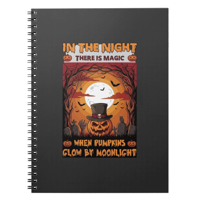 Night Halloween Pumpkin Top Hat Bats Graveyard_1 Notebook (Front)