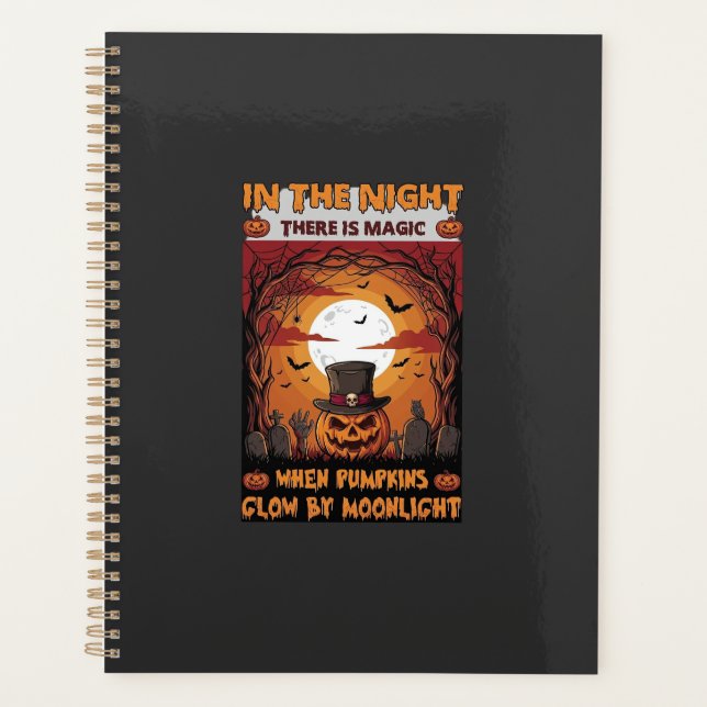 Night Halloween Pumpkin Top Hat Bats Graveyard_1 Planner (Front)