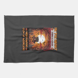Night Halloween Pumpkin Top Hat Bats Graveyard_1 Tea Towel