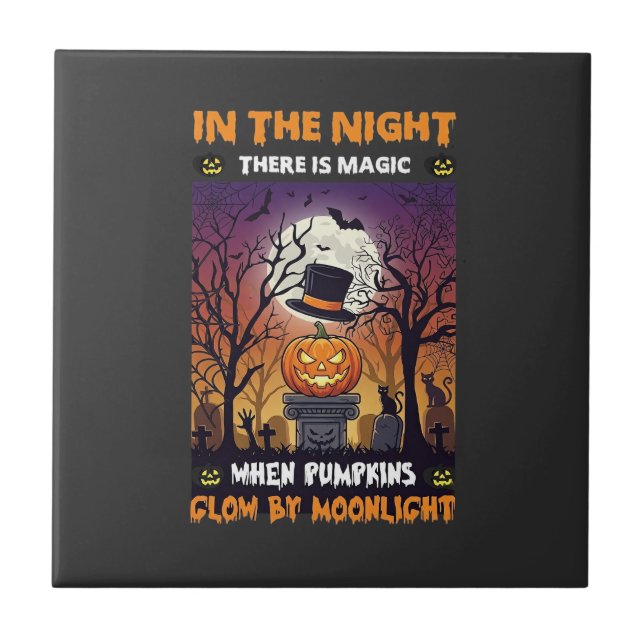 Night Halloween Pumpkin Top Hat Moon Graveyard Ceramic Tile (Front)