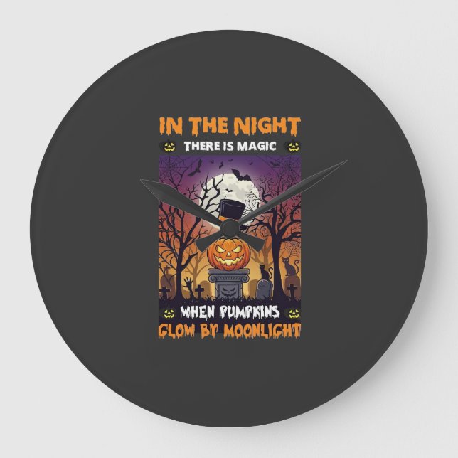 Night Halloween Pumpkin Top Hat Moon Graveyard Large Clock (Front)